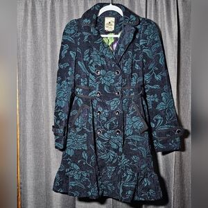 Anthropologie Elevenses Teal Emerald Isle Brocade Ruffled Victorian Coat Sz 2